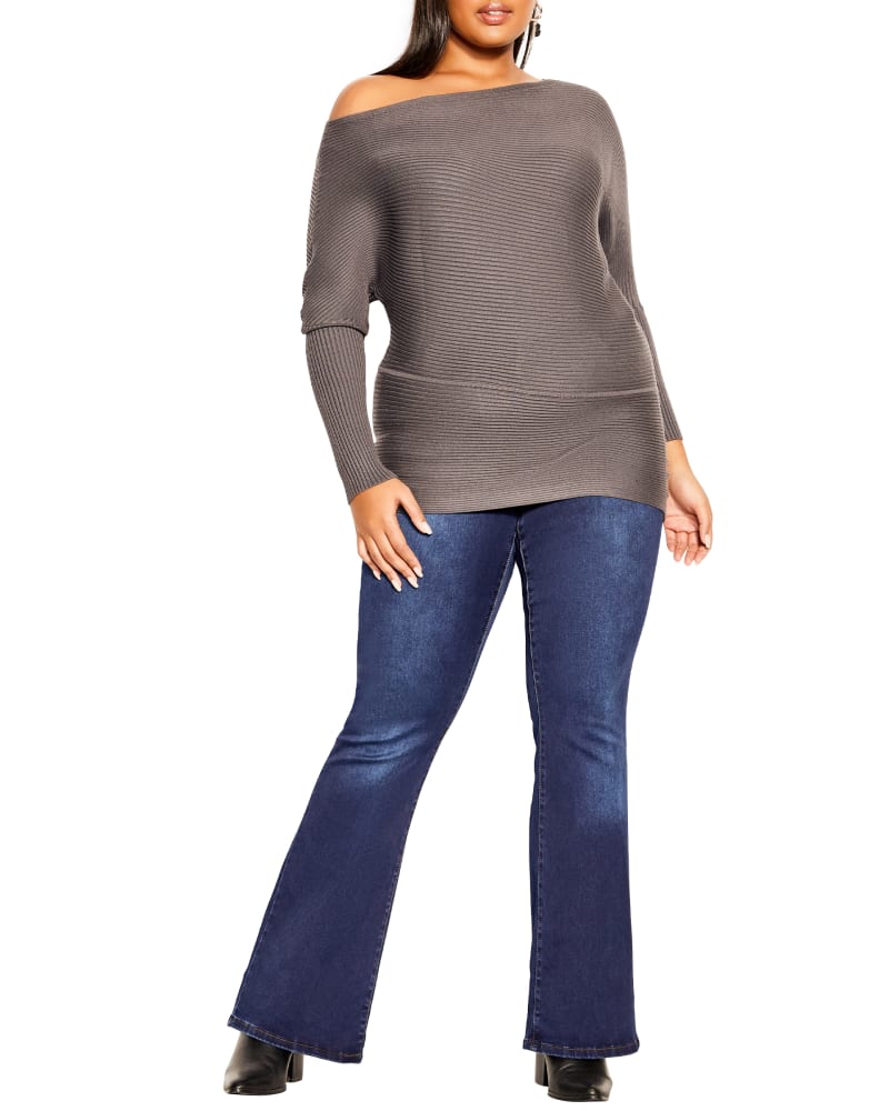 Front of a model wearing a plus size JUMPER FITTED RIB in Slate by City Chic. | dia_product_style_image_id:252422